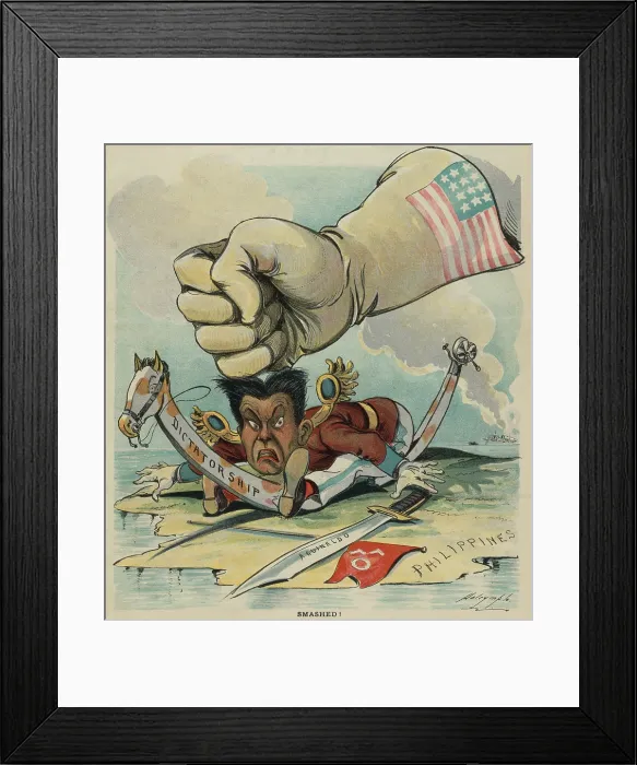 Framed Print : SMASHED! American political cartoon prematurely declaring victory over Philippine insurgency. March 8, 1899