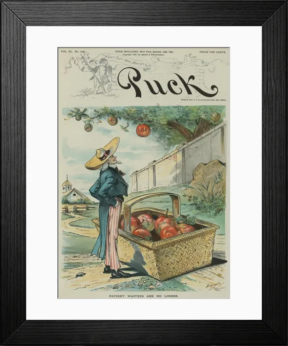 Framed Print : PATIENT WAITER ARE NO LOSERS, political cartoon from Puck Magazine, Jan. 13, 1897 Framed Print : PATIENT WAITER ARE NO LOSERS, political cartoon from Puck Magazine, Jan. 13, 1897