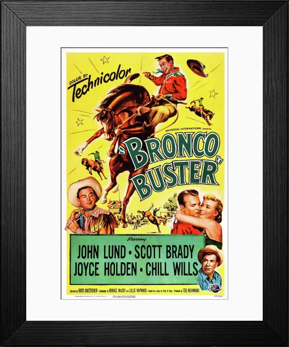 Framed Print : BRONCO BUSTER, US poster art from left, Scott Brady, John Lund, Joyce Holden, Chill Wills, 1952