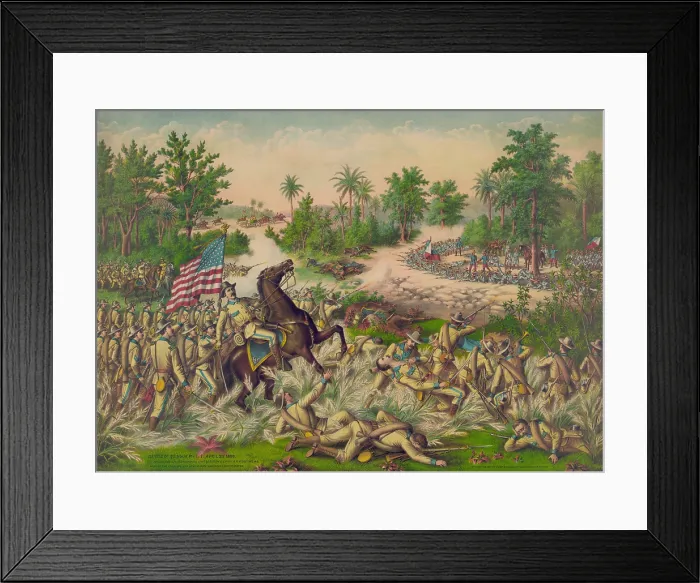 Framed Print : American troops advancing on Filipino troops behind earthworks at the Battle of Quingua. Philippine-American War, April 23, 1899