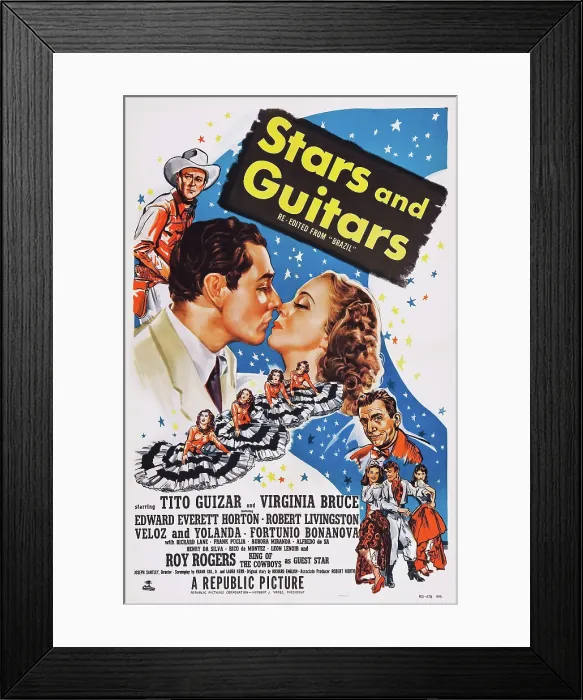 Framed Print : BRAZIL, (aka STARS AND GUITARS, reissue title), US poster art, from left: Tito Guizar, Virginia Bruce, Edward Everett Horton, 1944