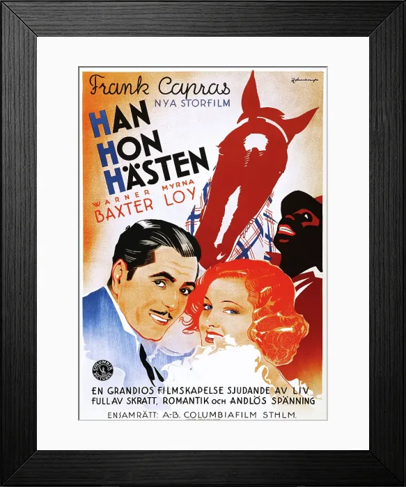 Framed Print : BROADWAY BILL, (aka HAN HON HASTEN), Swedish poster, from left: Warner Baxter, Myrna Loy, Clarence Muse, 1934