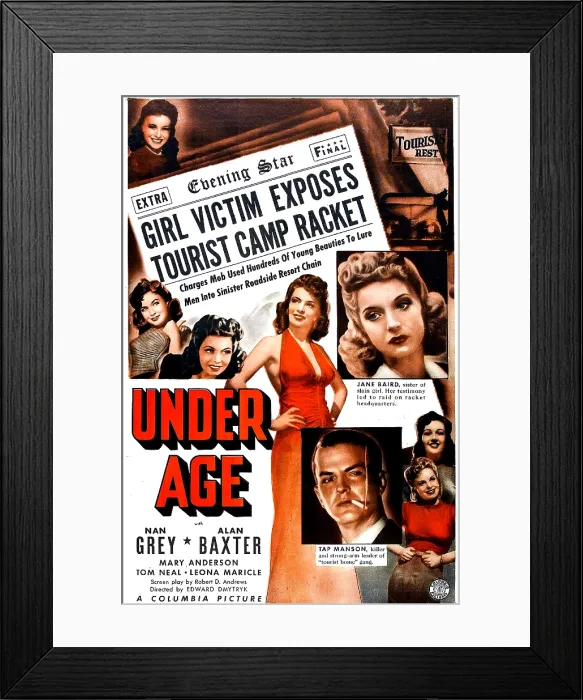 Framed Print : UNDER AGE, US poster, Alan Baxter (smoking cigarette), Nan Grey (middle right), 1941