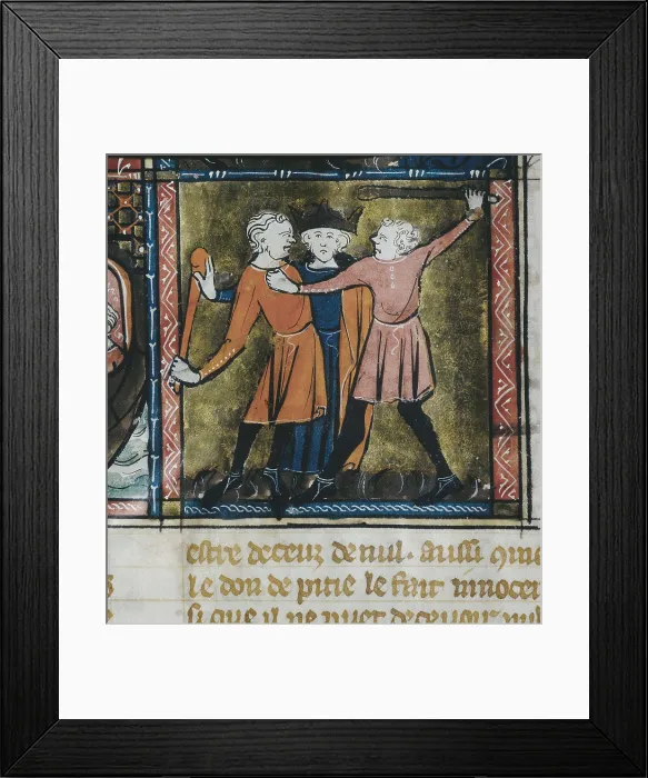 Framed Print : Doctrine chretinne (13th. c). Fol. 64: Representation of Equity: Moses separates two men persons who were fighting. Gothic art. Miniature Painting. SPAIN. Valencia