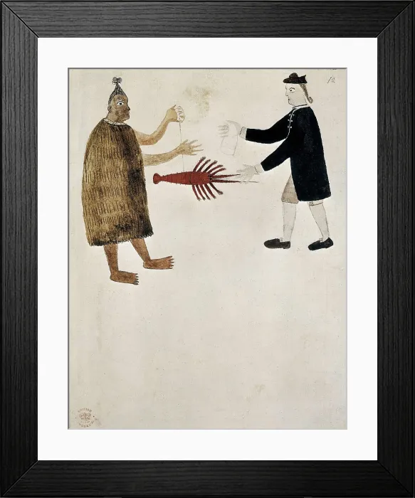 Framed Print : New Zealand (1768-1779). Exchange between a Maori and an English sailor of the Endevour, of the Cook's expedition. Drawing. UNITED KINGDOM. London. The British Museum Framed Print : New Zealand (1768-1779). Exchange between a Maori and an English sailor of the Endevour, of the Cook's expedition. Drawing. UNITED KINGDOM. London. The British Museum