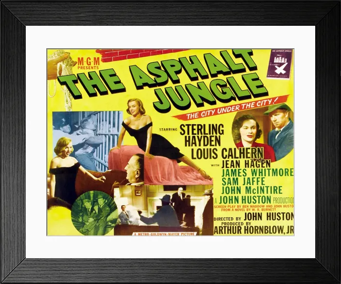 Framed Print : THE ASPHALT JUNGLE, from upper left: James Whitmore (at bars); Marilyn Monroe (in black dress, twice), Louis Calhern; round inset: Anthony Caruso Framed Print : THE ASPHALT JUNGLE, from upper left: James Whitmore (at bars); Marilyn Monroe (in black dress, twice), Louis Calhern; round inset: Anthony Caruso