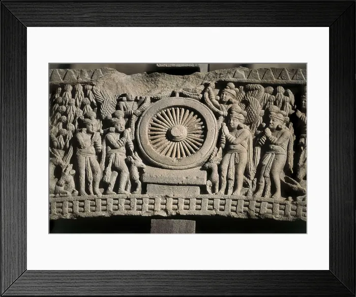 Framed Print : Great Stupa. 3rd BC. INDIA. Sanchi. Great Stupa. Scene with the first speech of Buddha in Mrigadava, standing out the Dharma wheel in the middle