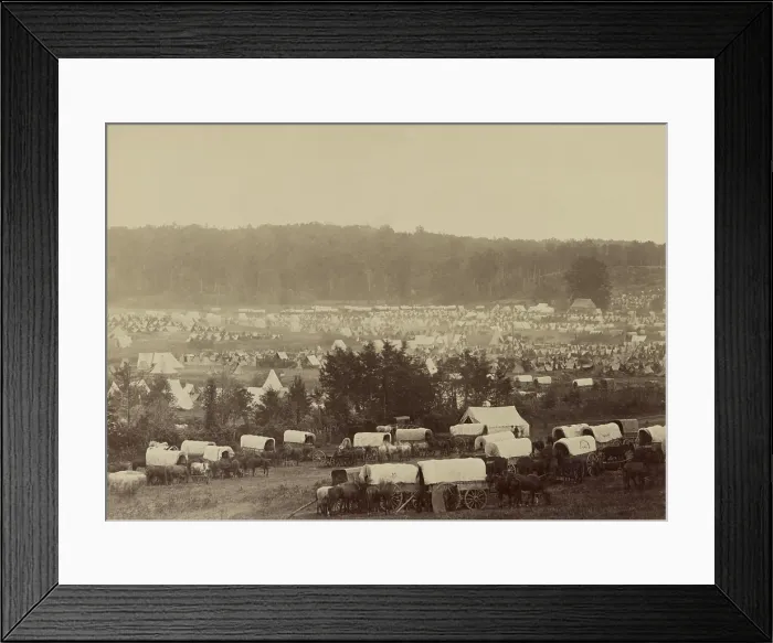 Framed Print : US Civil War, Peninsula Campaign, April-August, 1862. Army covered wagons parked at the encampment of Army of Potomac at Cumberland Landing on the Pamunky River, Virginia