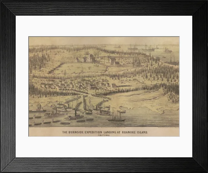 Framed Print : US Civil War, Burnside expedition landed at Roanoke Island, North Carolina, Feb. 7, 1862. Union soldiers disembark from riverboats converted into troop transports Framed Print : US Civil War, Burnside expedition landed at Roanoke Island, North Carolina, Feb. 7, 1862. Union soldiers disembark from riverboats converted into troop transports