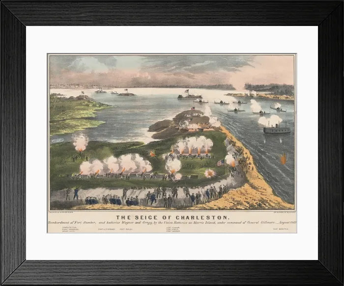 Framed Print : US Civil War. Siege of Charleston, August 1863. Two rows of Union mortar batteries bombard Fort Wagner and Gregg Battery on Morris Island