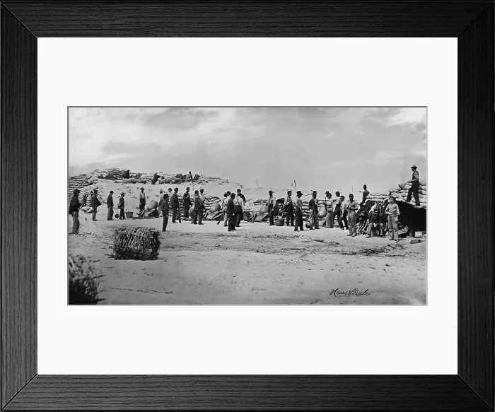 Framed Print : US Civil War. Siege of Charleston, 1863. Union Battery Reynolds firing five 10-inch siege mortars against Fort Wagner