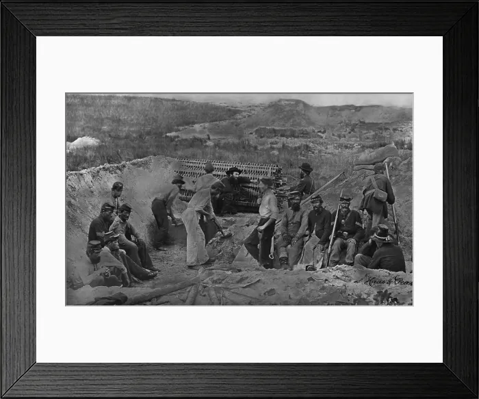 Framed Print : US Civil War. Siege of Charleston, 1863. Union engineers digging zig-zag trenches to approach Fort Wagner (upper right)