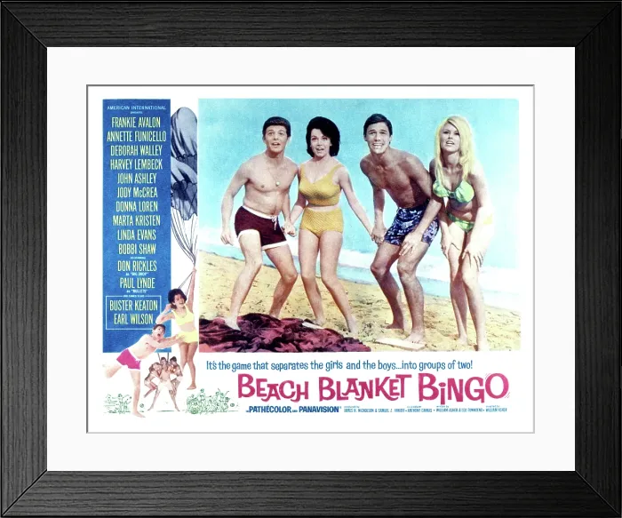 Framed Print : BEACH BLANKET BINGO, Frankie Avalon, Annette Funicello, Mike Nader, 1965 Framed Print : BEACH BLANKET BINGO, Frankie Avalon, Annette Funicello, Mike Nader, 1965