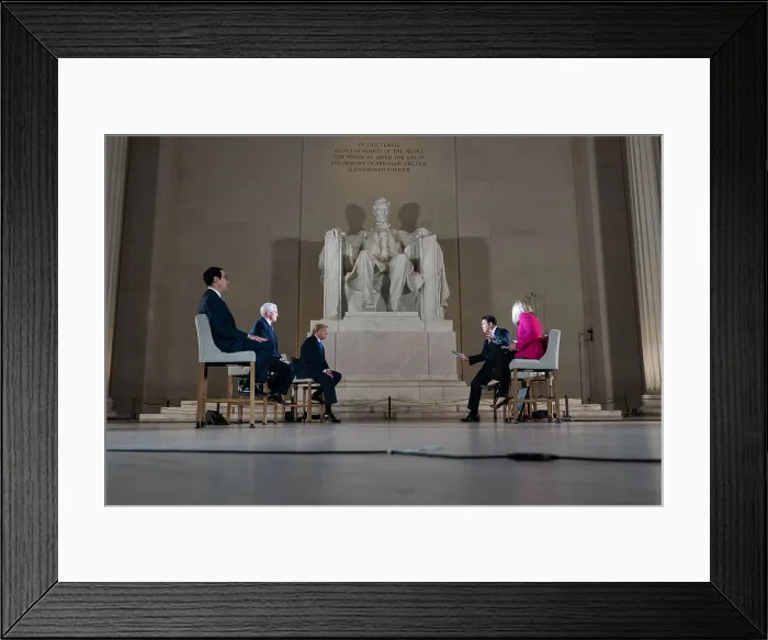 Framed Print : President Donald Trump stages a FOX News Channel virtual town hall in the Lincoln Memorial. Entitled America Together: Returning to Work