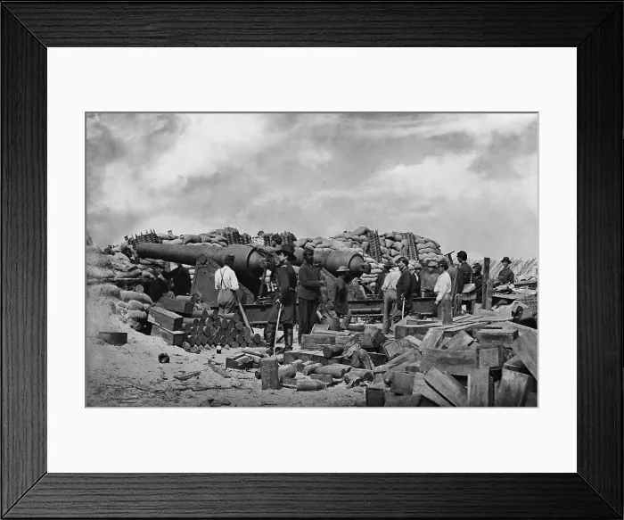 Framed Print : US Civil War. Siege of Charleston, 1863. Three 100-pounder Parrot Rifled cannons at Battery Rosecrans fire at Fort Sumter