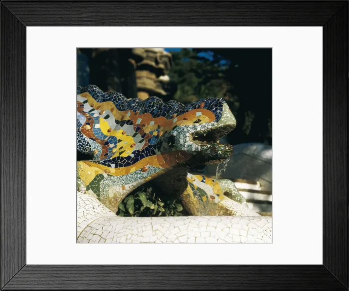 Framed Print : GAUDI i CORNET, Antoni (1852-1926). Park Gell. 1900-1914. SPAIN. CATALONIA. Barcelona. Park Gell. Dragon located in the main straway. Modernism. Ceramics; Architecture