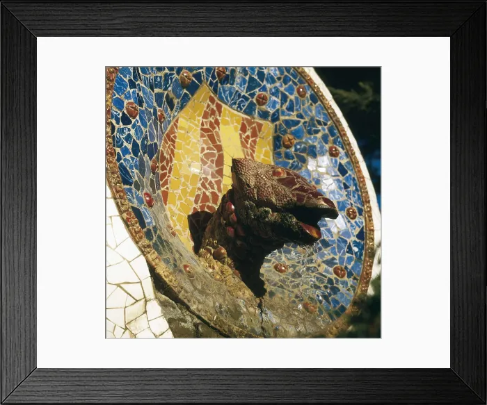 Framed Print : GAUDI i CORNET, Antoni (1852-1926). Park Gell. 1900-1914. SPAIN. CATALONIA. Barcelona. Park Gell. Ceramic decoration with the Catalan coat of arms and dragon head. Modernism Framed Print : GAUDI i CORNET, Antoni (1852-1926). Park Gell. 1900-1914. SPAIN. CATALONIA. Barcelona. Park Gell. Ceramic decoration with the Catalan coat of arms and dragon head. Modernism