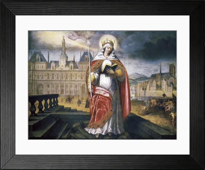 Framed Print : Saint Genevive. 17th c. Patron saint fo Paris. Portrait before the Htel de Ville. Baroque art. Oil on canvas. FRANCE. Paris. Muse Carnavalet (Carnavalet Museum)