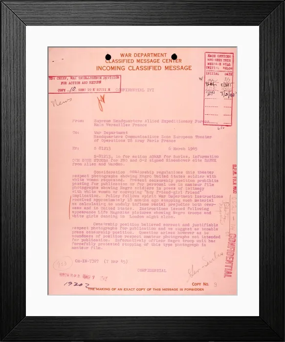 Framed Print : U.S. War Department classified message defining censorship of images of African American troops Framed Print : U.S. War Department classified message defining censorship of images of African American troops