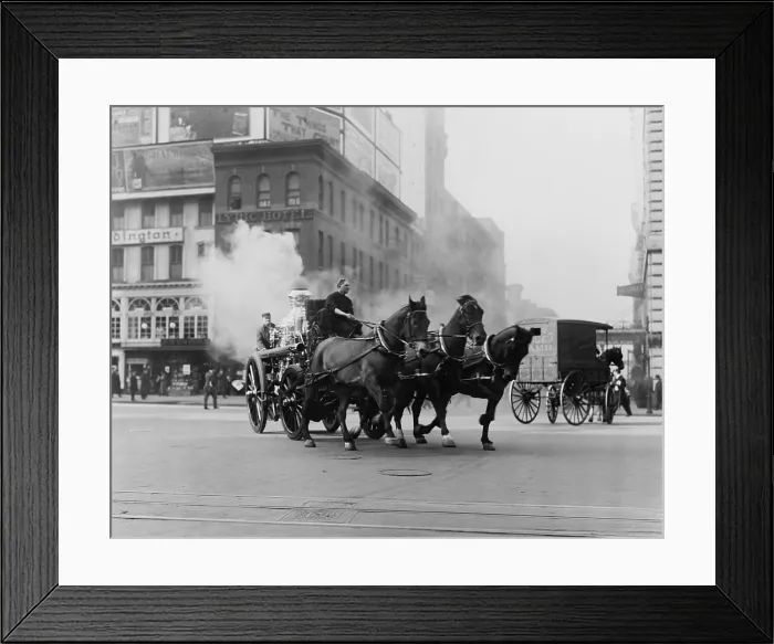 Framed Print : Horse drawn fire engine speeds on West 43rd Street and Broadway, NYC, 1910-15