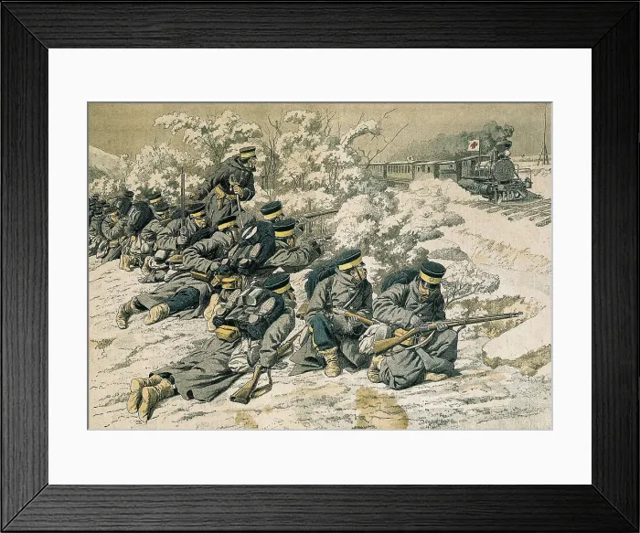 Framed Print : Russian-Japanese War (1904-1905). Japanese soldiers disembarked in Port Adams firing against a hospital-train coming from Port Arthur. Picture of 'Le Petit Journal'