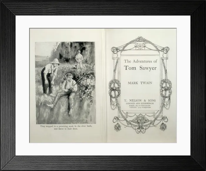 Framed Print : TWAIN, Samuel Langhorne Clemens, also called Mark (1835-1910). Cover of Mark Twain's work 'The Adventure of Tom Sawyer', published in London. Engraving. SPAIN