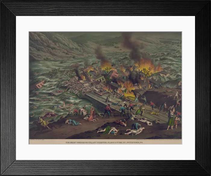Framed Print : Burning debris blocked by the stone bridge, during the Johnstown Flood, May 31, 1889