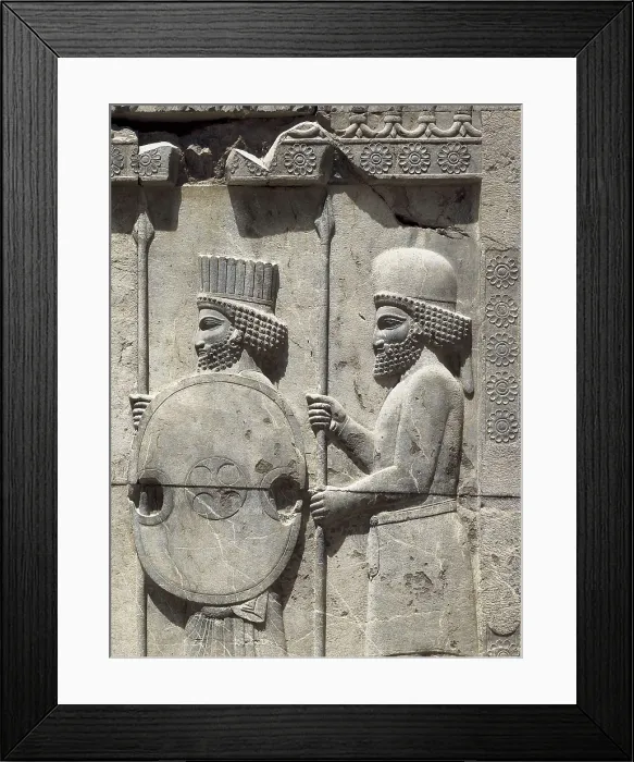Framed Print : IRAN. Persepolis. Apadana or Audience Hall of Darius I.. Persian Guard (with cylindrical hat) and nobleman of the Medan court (round hat)