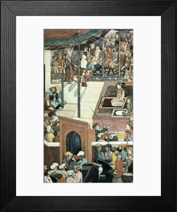Framed Print : India. Great Mughal Empire (17th c.). Solemn prayer of emperor Jahangir after the Ramadan in Idgah. Mughal art. Miniature Painting. GERMANY. Berlin. Museum of Islamic Arts