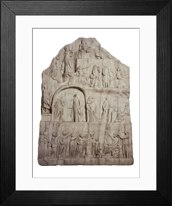 Framed Print : Archelaus of Priene (3th century BC). Apotheosis of Homer. 225 -205 BC. Homer crowned by World and Time and acclaimed by Arts and Virtues. Hellenistic art. Relief on marble