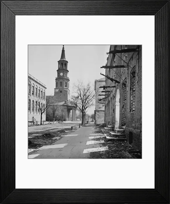 Framed Print : US Civil War. Siege of Charleston, 1863-65. St. Michaels Church was opened for worship in 1761 Framed Print : US Civil War. Siege of Charleston, 1863-65. St. Michaels Church was opened for worship in 1761
