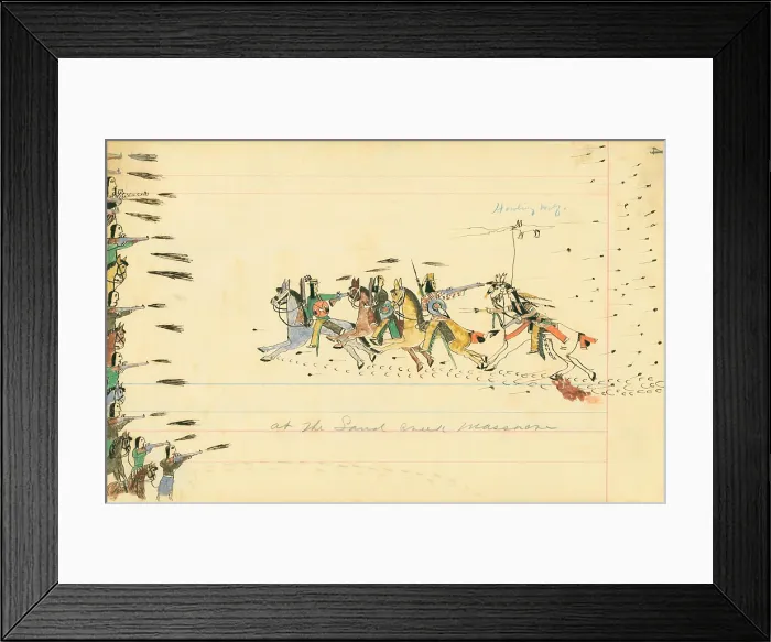 Framed Print : AT THE SAND CREEK MASSACRE, 1874 drawing by Howling Wolf. He was 15 year old when he witnessed the Sand Creek Massacre on Nov. 29, 1864