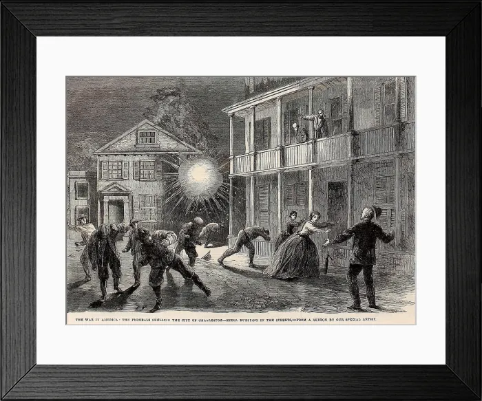 Framed Print : US Civil War. Siege of Charleston, 1863. A shell bursting among civilians in the streets of Charleston, SC Framed Print : US Civil War. Siege of Charleston, 1863. A shell bursting among civilians in the streets of Charleston, SC