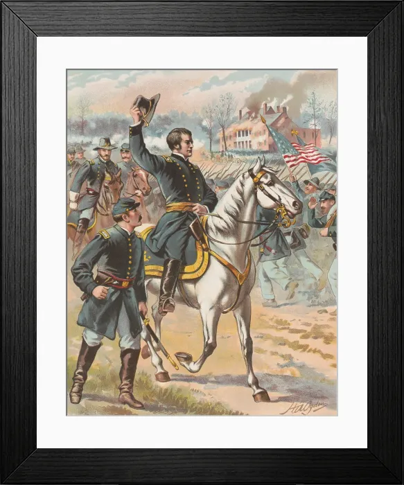Framed Print : US Civil War, Battle of Chancellorsville, Virginia, April 3, 1863. General Joseph Hooker, on horseback, waving his hat to troops headed into battle at Chancellorsville