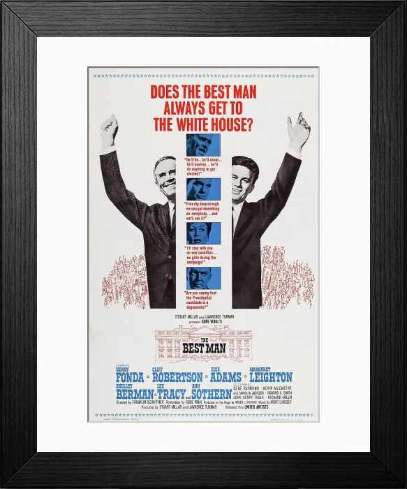 Framed Print : THE BEST MAN, US poster art, from left: Henry Fonda, Cliff Robertson; blue inserts from top: Henry Fonda, Cliff Robertson, Margaret Leighton, Lee Tracy, 1964