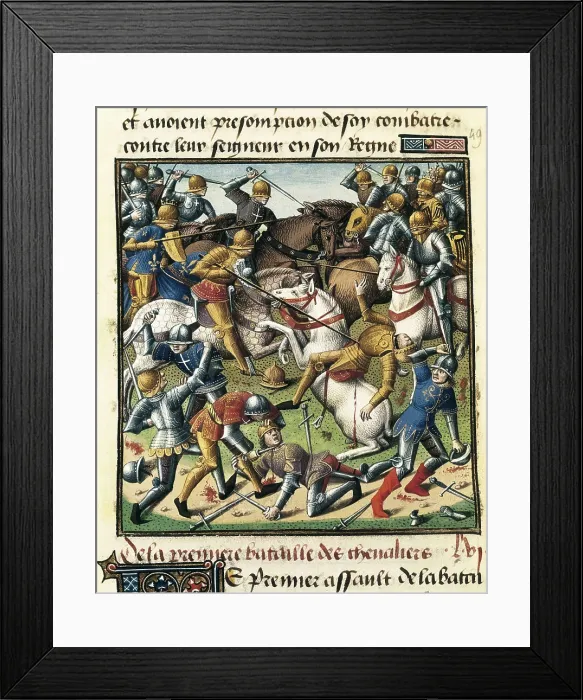Framed Print : 'Speculum historiae', by Vincent de Beauvais. Edition translated by Jean de Vignay and illustrations by master Franois (15th c.). Battle between knights (Fol. 408r.)