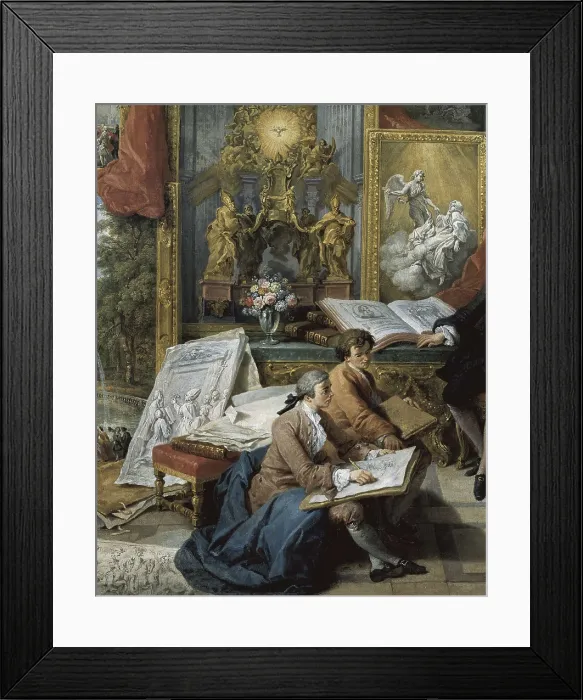 Framed Print : PANNINI, Giovanni Paolo (1691-1765). Gallery with Views of Modern Rome. 1759. Central lower detail of the draftsmen. Neoclassicism. Oil on canvas. FRANCE. Paris. Louvre Museum