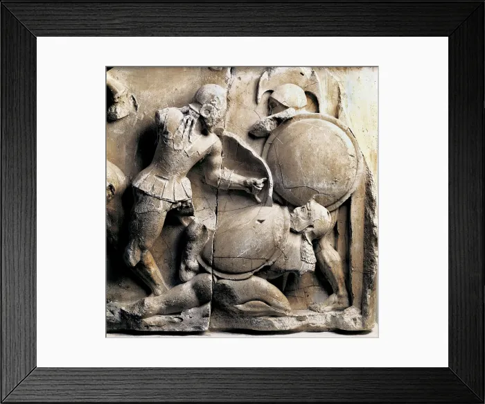 Framed Print : Pediment and frieze from the treasury of the Siphnians. ca. 525 BC. Detail of the frieze. Scene of fight between Greeks and Trojans. Archaic Greek art. Relief on marble. GREECE