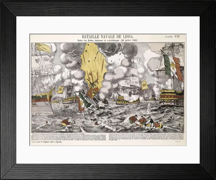 Framed Print : Italian Unification. Battle of Lissa (July 20, 1866). Naval battle between the Italian and Austrian navies in front the town of Lissa, in Adriatic Sea. Etching. ITALY. Milan