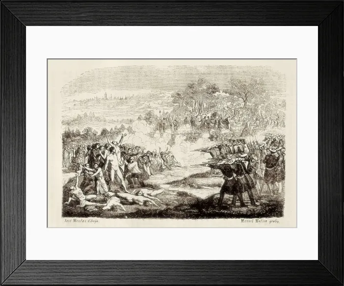 Framed Print : Spain. First Carlist War. Episode of Burjassot (1837). Shooting of liberals by carlist troops under general Cabrera. Engraving. SPAIN. Madrid. National Library Framed Print : Spain. First Carlist War. Episode of Burjassot (1837). Shooting of liberals by carlist troops under general Cabrera. Engraving. SPAIN. Madrid. National Library