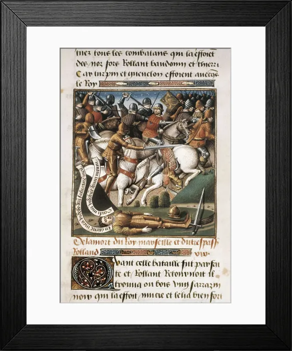 Framed Print : VINCENT of BEAUVAIS (1190-1264). Speculum historiale. ca. 1460. Battle of Roncevaux. Scene from Roland's death. Miniature Painting. FRANCE. Chantilly. Muse Cond (Cond Museum)
