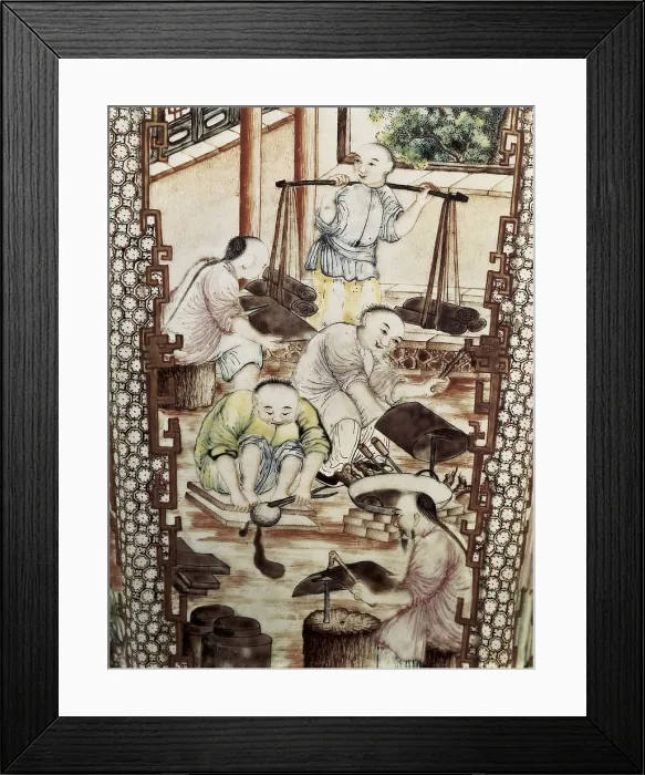 Framed Print : IRAN. Tehran. Golestan Palace. Detail of vase with scene of metal boxes making. Chinese art. Ming period. China  /  Porcelain. AISA / Everett Collection**US SALES ONLY**