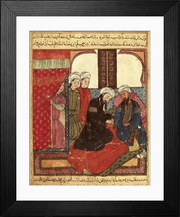 Framed Print : MADERUELO, Master of (12th century). The Book of Kalila and Dimna. s.XIV. F. 111, a medical consultation. Islamic art. Miniature Painting. EGYPT. Cairo. National Library