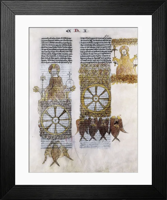 Framed Print : LYRE, Nicols de (1270-1340). God sitting on Throne. Illustration of an edition of his 'Postillae' (14th c.). Gothic art. Miniature Painting. SPAIN. Barcelona