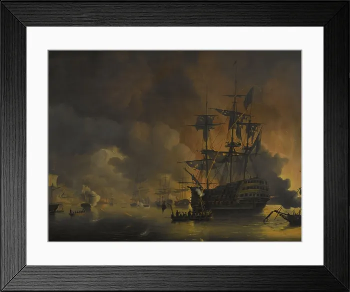 Framed Print : The Fire on the Wharves of Algiers, Shortly after the Commencement of the Bombardment by the Anglo-Dutch Fleet, August 27, 1816, by Nicolaas Baur, c.1816-20, Dutch painting