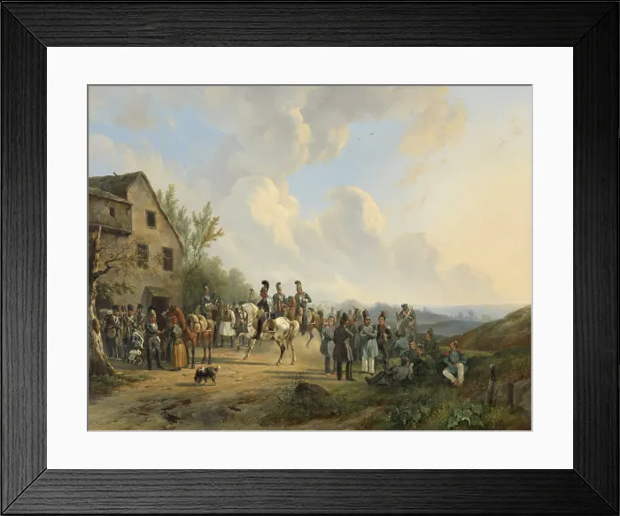 Framed Print : Ten Days Campaign against the Belgian Revolt, August 1831, by Wouter Verschuur, Dutch oil painting. Soldiers and officers on horseback resting at an inn