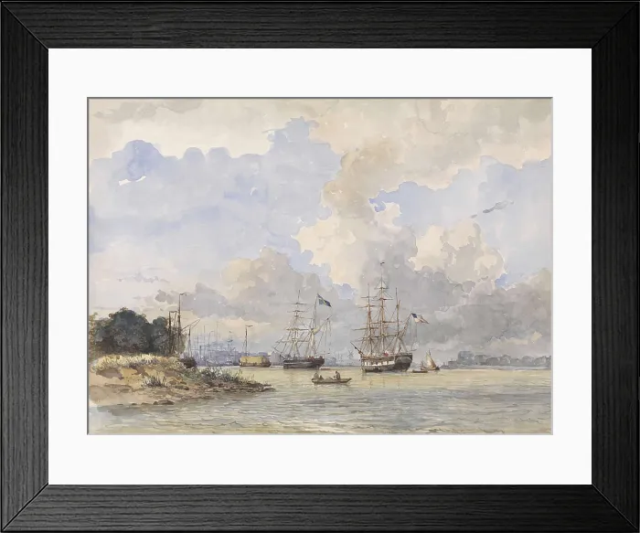 Framed Print : Maas in Rotterdam with American and Swedish Ships, by Willem Anthonie van Deventer, c. 1840-60, Dutch painting, watercolor on paper (BSLOC_2016_2_236)