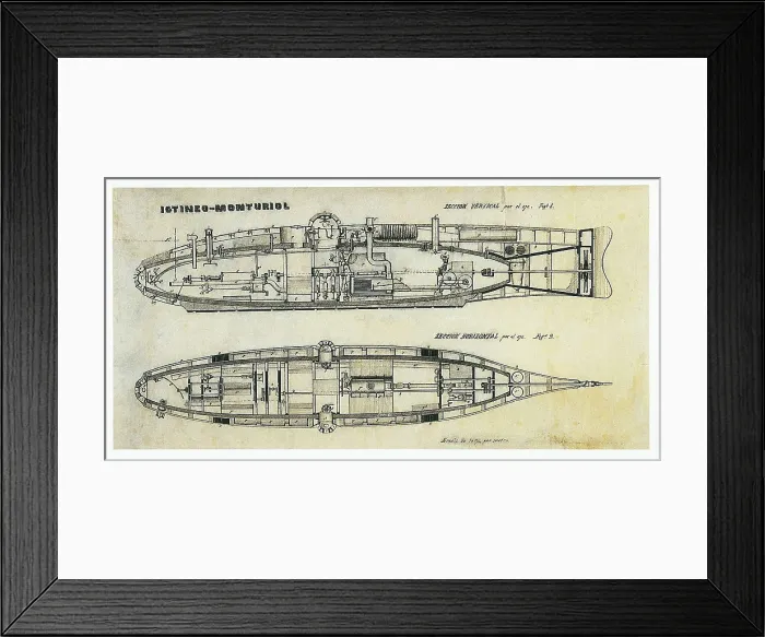 Framed Print : MONTURIOL, Narciso (1819-1885). Plans of submarine Ictineo II, designed by Monturiol. Vertical and horizontal section across the axis of the nave. SPAIN. Barcelona