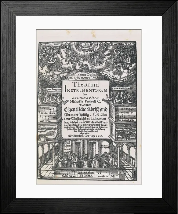 Framed Print : Praetorius, Michael (1571-1621). Title page of 'Theatrum Instrumentorum', one of the three volums of 'Sintagma Musicum' by Michael Praetorius (1620)