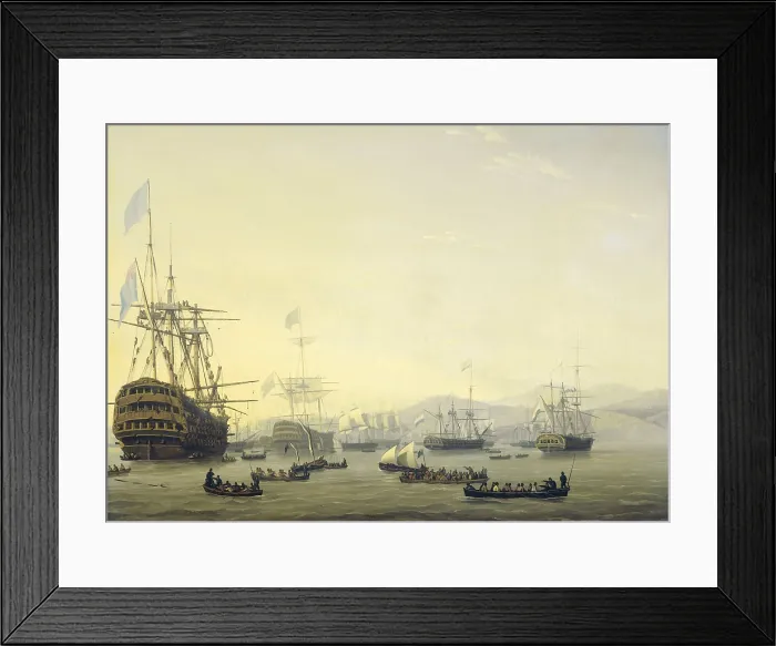 Framed Print : Council of War on board the Queen Charlotte, commanded by Lord Exmouth, prior to the Bombardment of Algiers, 1816, by Nicolaas Baur, 1818, Dutch painting